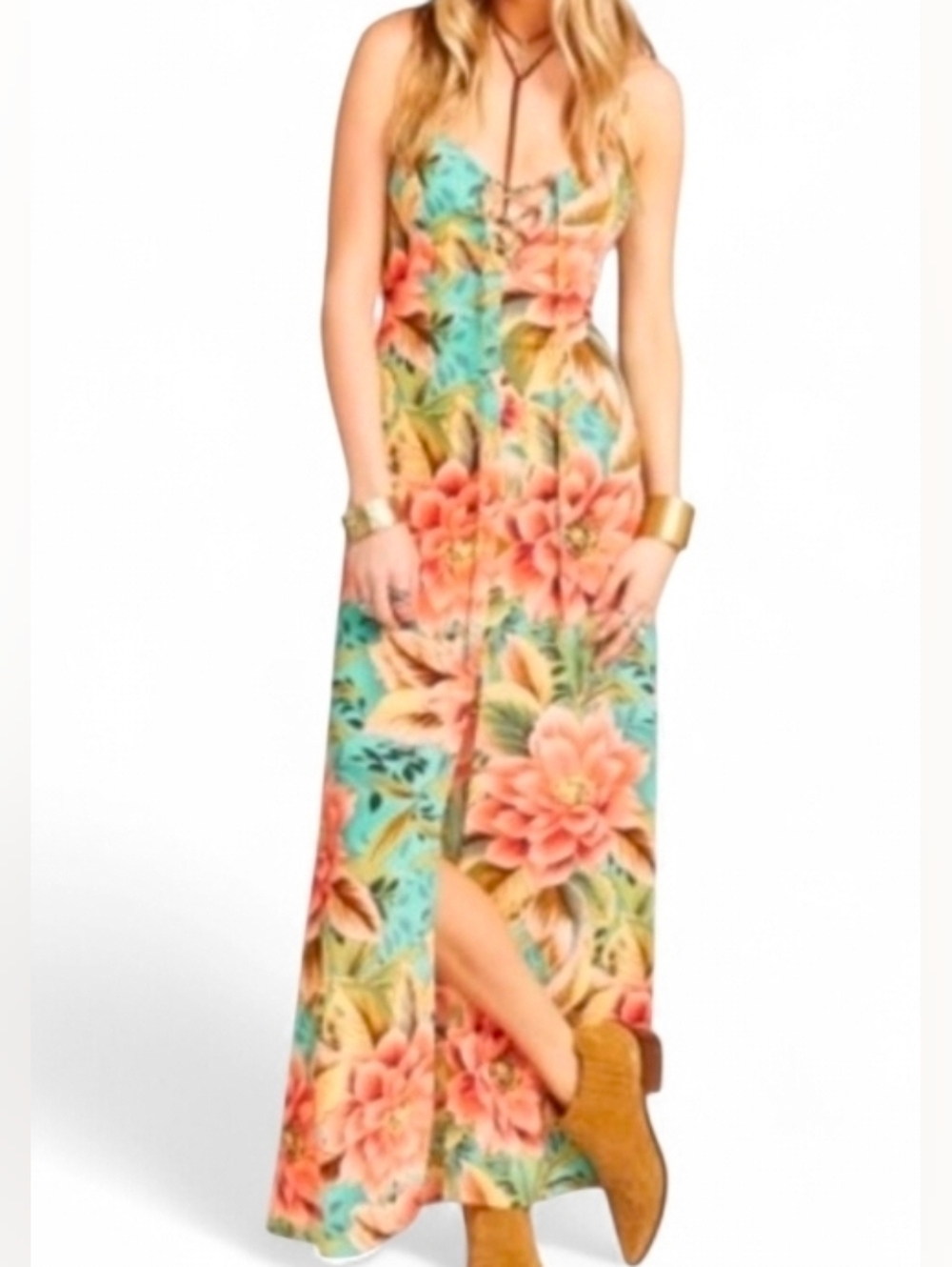 SHOW ME YOUR MUMU X REVOLVE Leyton Lace Up Tropical Front Slit Dress - Large